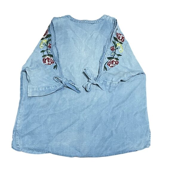 Velvet Heart Embroidered Blouse Floral Chambray Tie Sleeve Peasant Boho - Picture 9 of 9